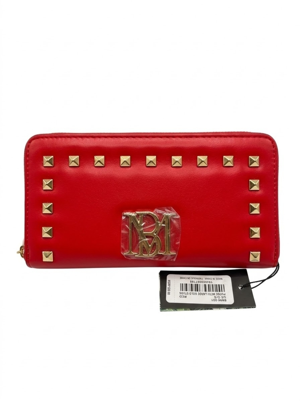 Badgley Mischka Red Leather Zip Wallet with Gold Studs
